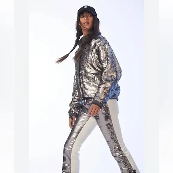 Fp Movement Free People Hit The Slopes Jacket silver sequin fleece bomber XL